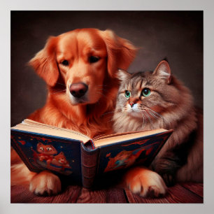 Póster Gato y perro leyendo un libro