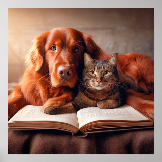 Póster Gato y perro leyendo un libro (Frente)