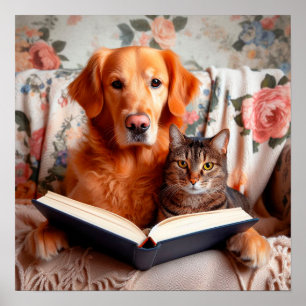 Póster Gato y perro leyendo un libro