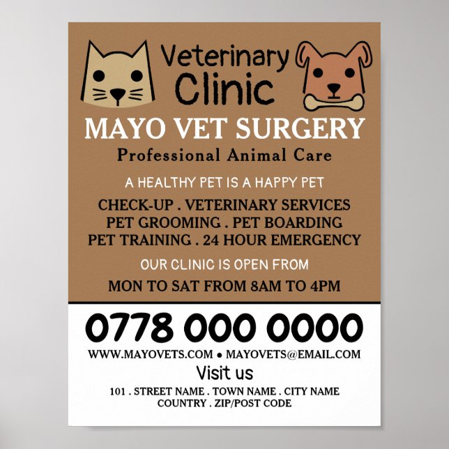 Póster Gato y perro, veterinario, anuncio de servicio vet (Frente)