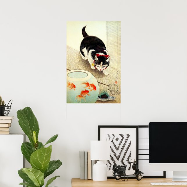Póster Gato y pez dorado (Oficina en casa)