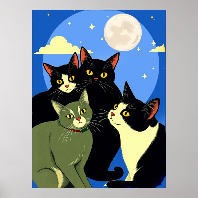 Póster Gatos a la deriva bajo la luna llena (Frente)