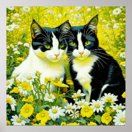 Póster Gatos adorables sentados en un campo de Daisies