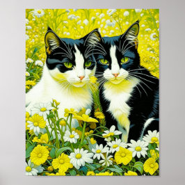 Póster Gatos adorables sentados en un campo de Daisies