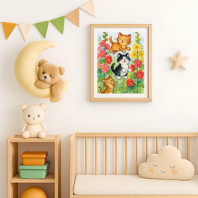 Póster Gatos Campestres Jugando en Jardín de Flores (Frolicking Country Cats in Garden poster print in situ)