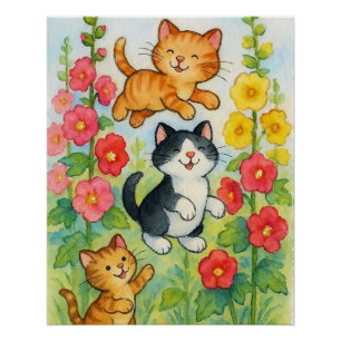 Póster Gatos Campestres Juguetones en Jardín de Flores