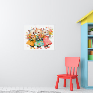 Póster Gatos Cantando con Ramos de Flores