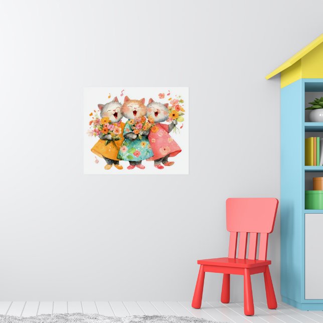 Póster Gatos Cantando con Ramos de Flores (Guardería 1)