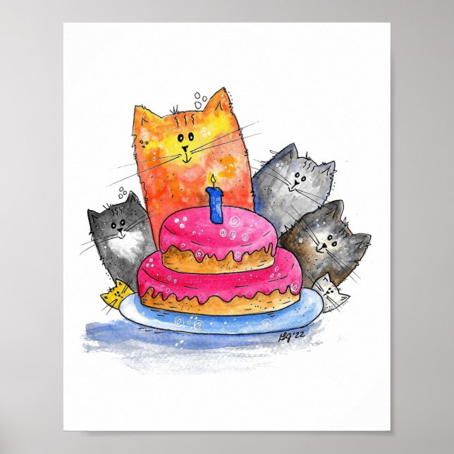 Póster Gatos caprichosos con pastel de cumpleaños (Frente)
