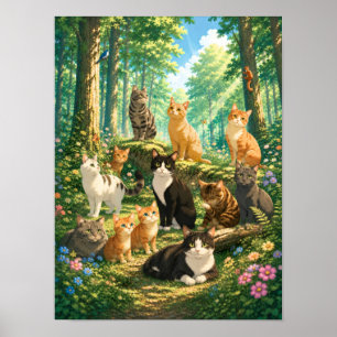 Póster Gatos Caprichosos en un Bosque Encantado