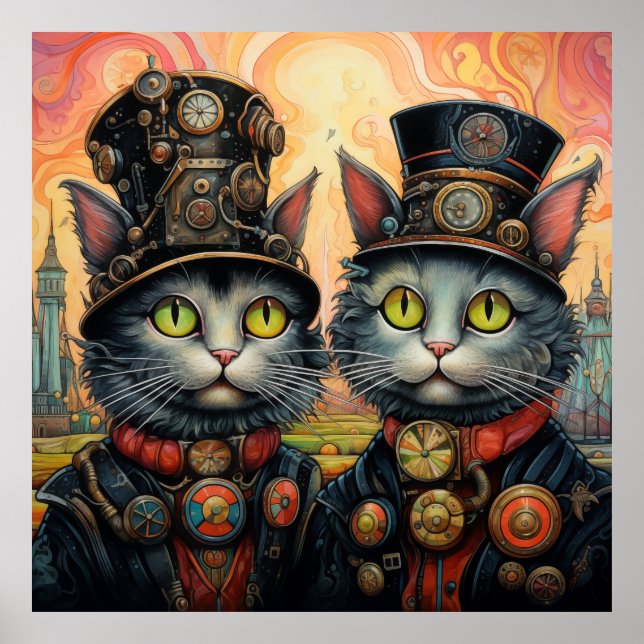 Póster Gatos caprichosos Steampunk (Frente)