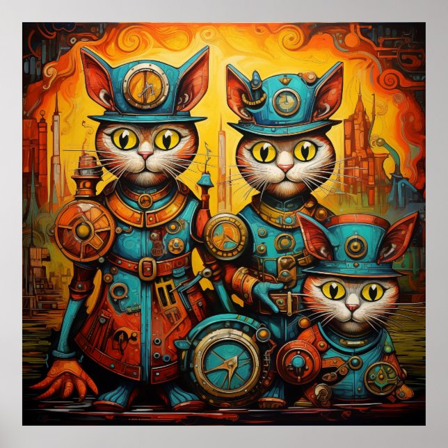 Póster Gatos caprichosos Steampunk (Frente)