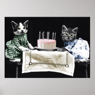Póster Gatos celebrando un cumpleaños con tortas y velas