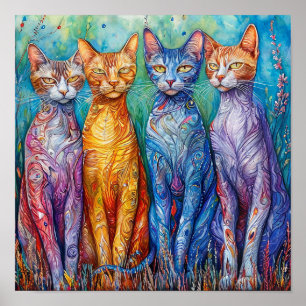 Póster Gatos Coloridos Pintura Animal Caprichoso Vibrante