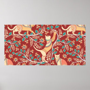 Póster Gatos con adornos, ramas con flores y hojas