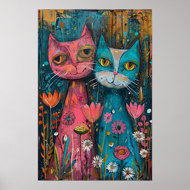 Póster Gatos con flores en el campo de la margarita: obra (Frente)