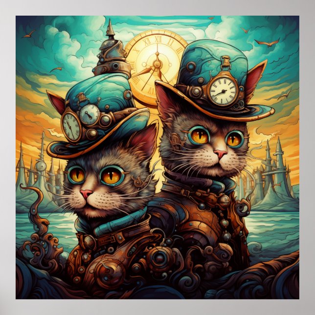 Póster Gatos con gorras Steampunk (Frente)
