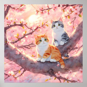Póster Gatos Cubiertos En Un Árbol De Flor De Cerezo