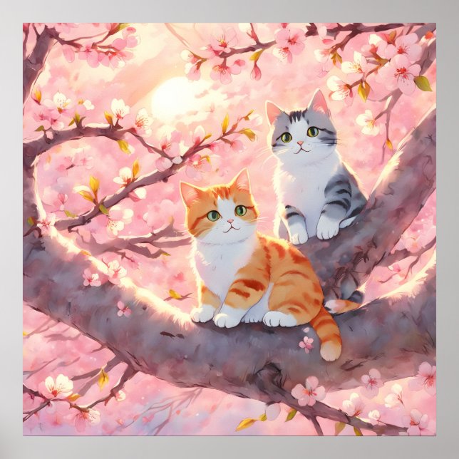 Póster Gatos Cubiertos En Un Árbol De Flor De Cerezo (Frente)
