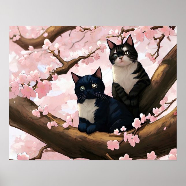 Póster Gatos Cubiertos En Un Árbol De Flor De Cerezo (Frente)