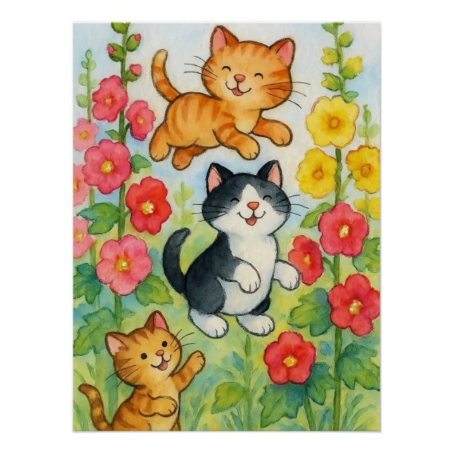 Póster Gatos de campo en los jardines de flores (Anverso)