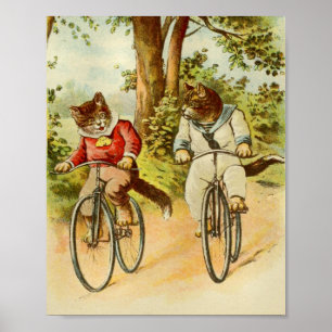 Póster Gatos de época en bicicleta Ilustracion