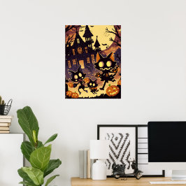 Póster Gatos de Halloween junto a la Casa Embrujada