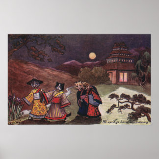 Póster Gatos de Kimonos dan un paseo nocturno