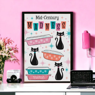 Póster Gatos de Kitty Negro Retro Locura de Mediados del 