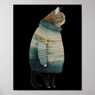 Póster Gatos de Navidad Gato Gordo Gris Divertido Gatito
