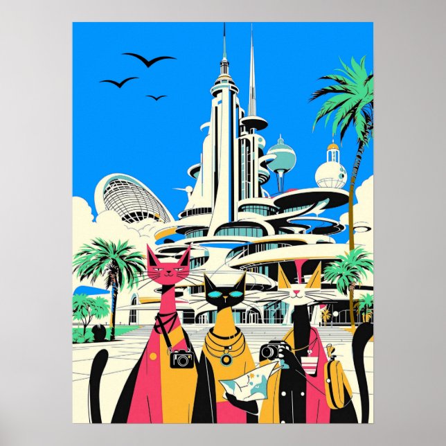 Póster Gatos de vacaciones visitan el futuro (Frente)