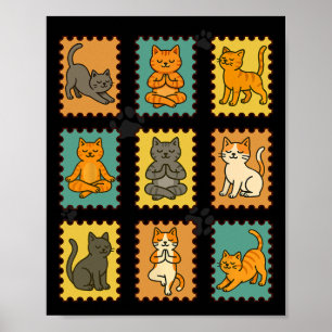 Póster Gatos de yoga sello postal practicando meditación 
