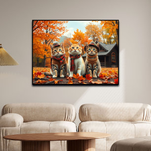Póster Gatos divertidos con ropa y sombreros de otoño ele
