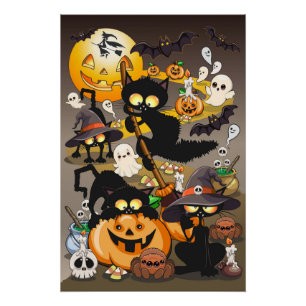 Póster Gatos divertidos de Halloween en una fiesta