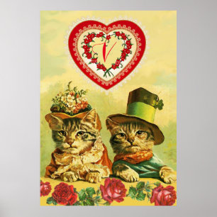 PÓSTER GATOS DIVERTIDOS DEL DÍA DE SAN VALENTÍN ANTIGUO,C