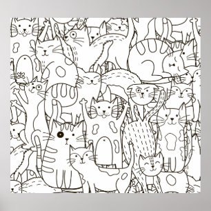 Póster Gatos Doodle: blanco y negro.