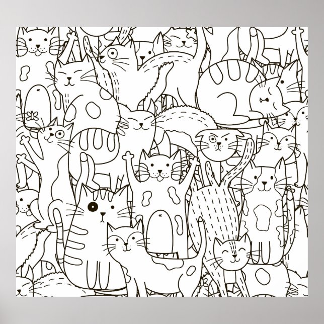 Póster Gatos Doodle: blanco y negro. (Frente)