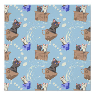 Póster Gatos en caja y gotas de leche en azul