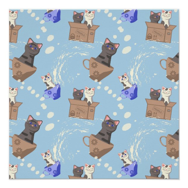 Póster Gatos en caja y gotas de leche en azul (Anverso)