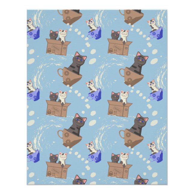 Póster Gatos en caja y gotas de leche en azul (Anverso)