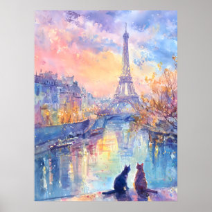 Póster Gatos en el Crepúsculo de París – Romance Acuarela