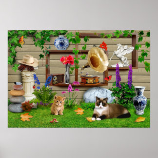 Póster Gatos en el patio trasero. Una linda foto graciosa
