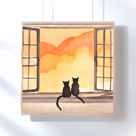 Póster Gatos en la ventana | Silueta de acuarela al atard