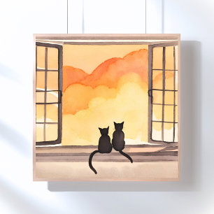 Póster Gatos en la ventana Silueta de acuarela al atard