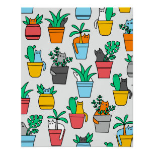 Póster Gatos en macetas de flores