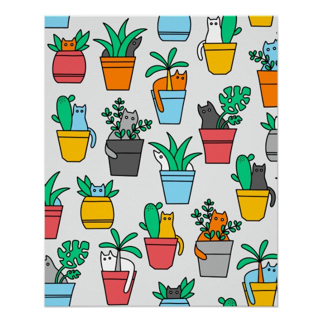 Póster Gatos en macetas de flores (Anverso)