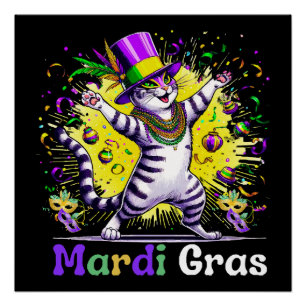 Póster Gatos Gatito Kitty Festival de Mardi Gras Fiesta