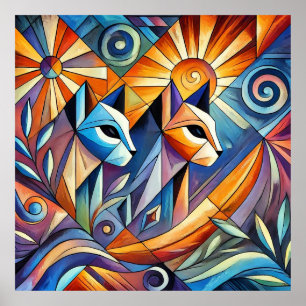 Póster Gatos Geométricos Abstractos con Colores Vibrantes