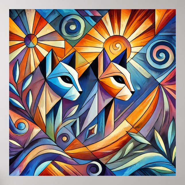Póster Gatos Geométricos Abstractos con Colores Vibrantes (Frente)