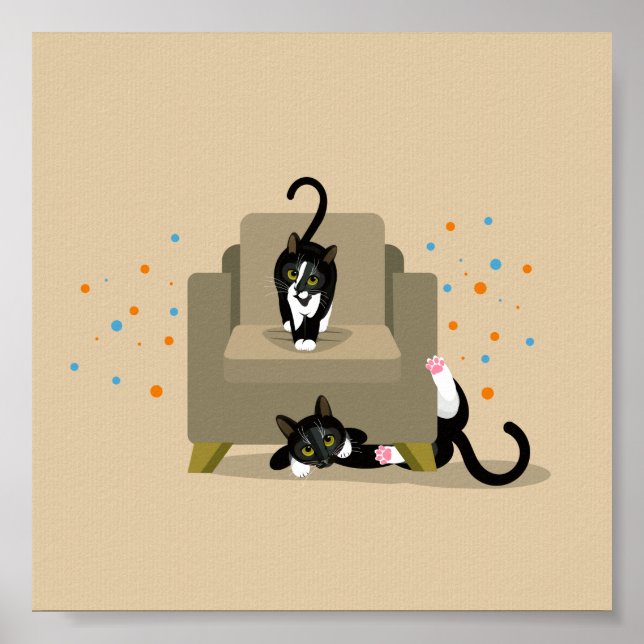 Póster Gatos geométricos negros y blancos jugando (Frente)
